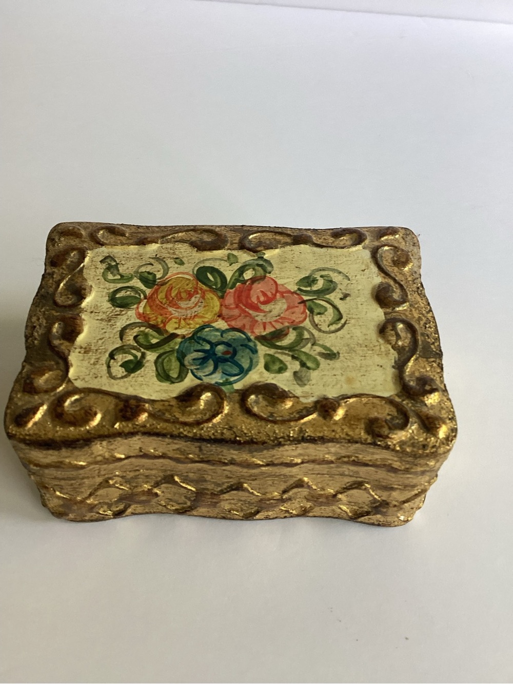 Vintage Italian Florentine  Box Ornate Hand Painted Tole  Floral Gilt Gold